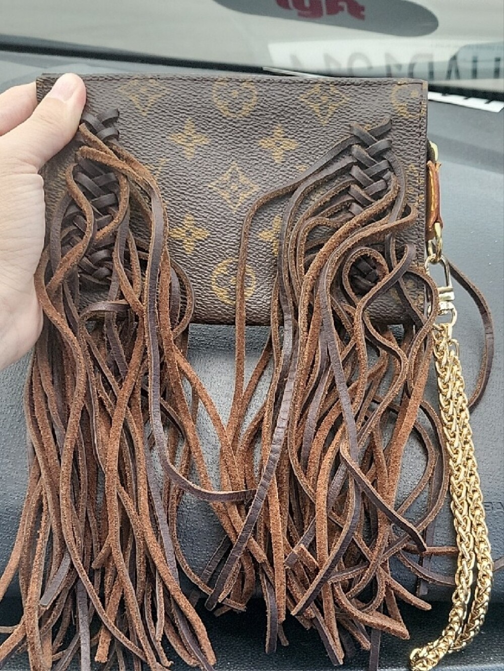 Authentic LOUIS VUITTON PARIS Brown Fringe Wristlet Gold LV Chain - Picture 2 of 6